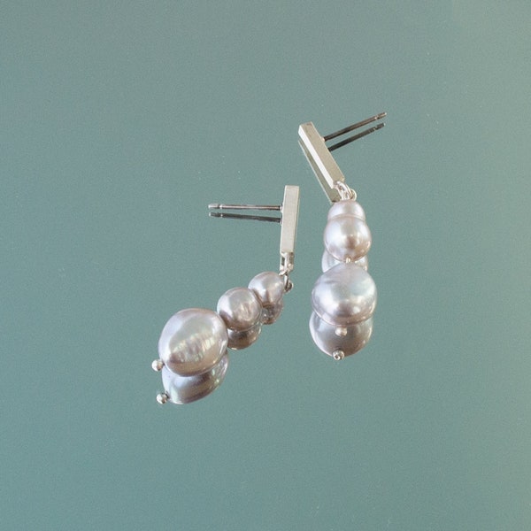 silver and baroque pearl asymmetric stud earrings, oxidised silver with surgical steel posts and butterfly back, elegant dangle drops