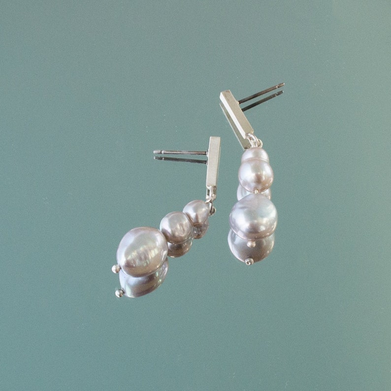 silver and baroque pearl asymmetric stud earrings, oxidised silver with surgical steel posts and butterfly back, elegant dangle drops image 1