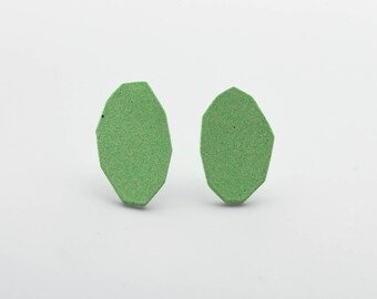 large pastel green geo earrings, geometric studs, simple hypoallergenic posts, powder coated metal, hand cut, lightweight basic