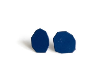 small navy blue geo earrings, geometric studs, simple hypoallergenic posts in powder coated metal, hand cut metal plate, lightweight basic