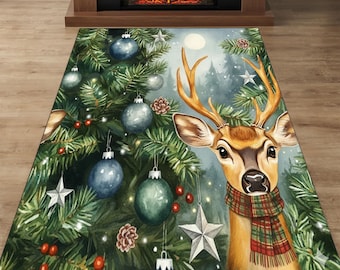 May include: A rectangular Christmas-themed rug featuring a watercolor illustration of a deer wearing a plaid scarf, with a decorated Christmas tree and ornaments. The rug has a festive design with a winter forest background and a full moon.