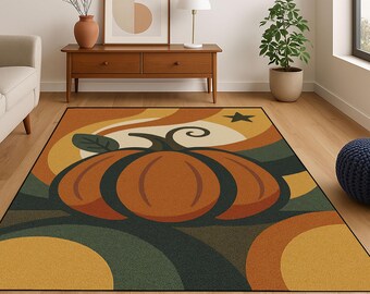 Boho Pumpkin Rug, Fall Seasonal Home Decor Carpet, Warm Retro Autumn Rug