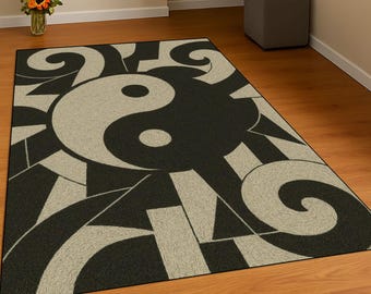 Abstract Yin Yang Sun Area Rug, Boho Spiritual Non-slip Rug, Zen Living Room Carpet