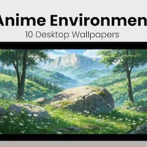 以下が含まれることがあります： タブレットに表示されたアニメ環境のデジタルイラスト。緑豊かな風景には、木、岩、背景に山脈があります。上部のテキストは「Anime Environment」と「10 Desktop Wallpapers」と書かれています。