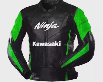 Kawasaki Racing Motorbike Cowhide Leather Jacket Handmade Motorcycle Biker Jacket