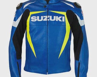Suzuki Racing Cowhide Leather Motorcycle Jacket, Handmade Biker Jacket