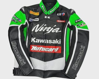 Kawasaki Racing Motorbike Cowhide Leather Jacket Handmade New Kawasaki Vintage Motorcycle Biker Jacket