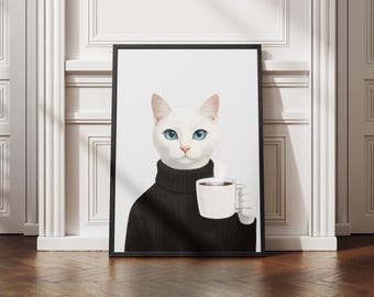 White cat with coffee | Black turtleneck & blue eyes | Modern cat wall art | Minimalist animal portrait | Digital download