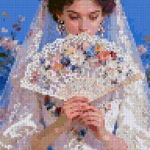 May include: A digital art image of a person wearing a white dress, veil, and floral headpiece. The person is holding a fan adorned with flowers. The background is a solid blue color.