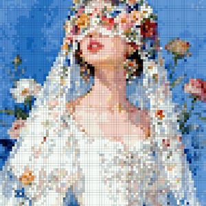 Pode incluir: Retrato de arte digital de uma pessoa usando um adorno floral e um vestido branco. O rosto está parcialmente obscurecido pelas flores. O fundo é um gradiente de azul.