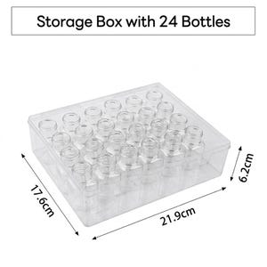May include: A clear plastic storage box containing 24 small empty bottles. The box features the text "Storage Box with 24 Bottles" and has dimensions of 21.9cm by 17.6cm by 6.2cm as indicated by the measurement arrows on the image.