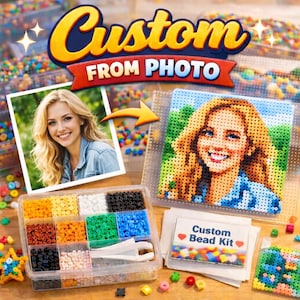 May include: A custom bead kit with the text "Custom From Photo". The image shows a photo of a woman next to a completed bead portrait of the same woman. A clear plastic container holds various colored beads. A small card reads "Custom Bead Kit".