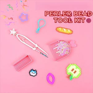 May include: A Perler bead tool kit with various accessories on a pink background. Includes a white tweezer, a pink comb-like tool, and several Perler bead designs, such as a star, a bug, and an apple. The text "PERLER BEAD TOOL KIT" is displayed.
