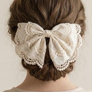 Oversized Vintage Lace Bow Hair Barrette | Embroidered Cream Ribbon Bow Clip | Boho Cottagecore Accessory