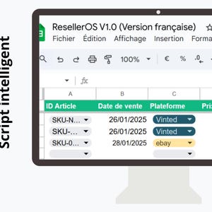 Puede incluir: Un monitor de ordenador muestra una hoja de cálculo con datos de ventas, incluyendo ID Artículo, Fecha, Plataforma y Precio total en euros. El software está etiquetado como "ResellerOS V1.0 (Version française)". Texto a la izquierda: "Generación de SKU automático & Script inteligente".