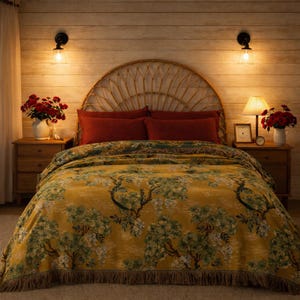 Pode incluir: Uma cena de quarto com uma cama com cabeceira tecida e um cobertor amarelo mostarda com um padrão de árvores. O cobertor tem uma borda com franjas. Almofadas vermelhas e uma colcha a condizer são visíveis. Mesas de cabeceira de madeira com lâmpadas e flores ladeiam a cama.