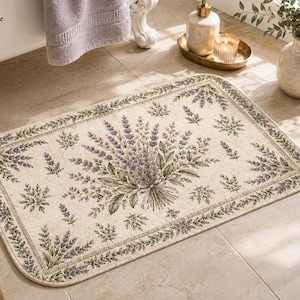 Lavender Bath Mat , Sage Green Bathroom Rug, Cottagecore Bathroom Decor ,Botanical Bath Rug,Microfiber Memory Foam Bath Mat, 24x17 & 34x21