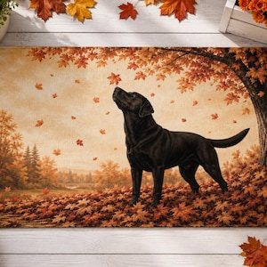 Black Lab Autumn Outdoor Rug, Labrador Retriever Fall Porch Mat, Fall Leaves Dog Door Rug, Lab Lover Gift, Seasonal Home Decor