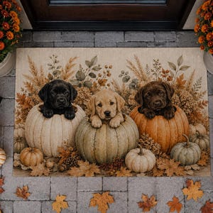 Puede incluir: Un felpudo rectangular con una ilustración impresa de tres cachorros de Labrador sentados dentro de calabazas. Los cachorros son de color negro, amarillo y marrón chocolate. El fondo muestra follaje otoñal, hierbas secas y calabazas.