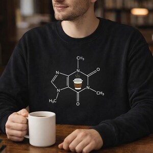 Kaffee-Molecule Crewneck Sweatshirt Chemie Wissenschaft Geschenk Lehrer Koffein Grafik Langarm Baumwolle Schwarz Weiß Design Java Lover