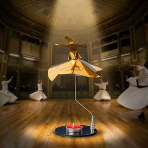 Può includere: Una scultura color oro di un ballerino derviscio rotante con una candela su una base circolare. La scultura si trova in una stanza con ballerini in abiti bianchi. La stanza ha un pavimento in legno e un riflettore.
