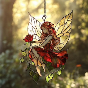 赤いバラの妖精サンキャッチャー窓飾り、フェイクステンドグラスアクリル装飾、彼女へのガーデンギフト、樹脂アート壁掛け