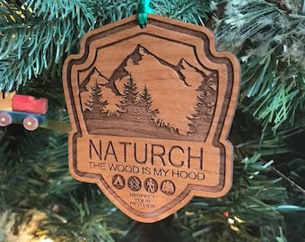 Camping Christmas Ornament laser etched on wood. Great gift for any outdoor enthusiast in your life! National Park style ornament.