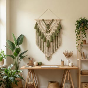Puede incluir: Un gran tapiz de macramé con borlas verde oliva y detalles tejidos de color crema. La obra de arte textil hecha a mano se exhibe sobre un escritorio de madera con un acabado natural. La habitación está decorada con plantas y una estantería de madera.