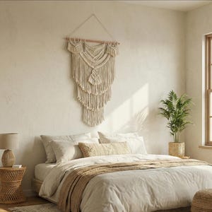 May include: A bedroom with a neutral colour scheme. A large macrame wall hanging is above the bed. The bed has white linens and a tan throw. A small side table with a lamp is on the left. A potted plant sits on the right.