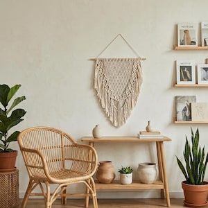 Könnte beinhalten: Ein beigefarbenes Makramee-Wandbehang mit geometrischem Design hängt über einem Holzkonsolentisch. Ein Rattanstuhl, Topfpflanzen und dekorative Vasen vervollständigen das Interieur im Bohème-Stil. Der Raum ist von natürlichem Licht durchflutet.