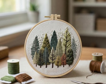 Kit de bordado DIY "Árboles del bosque": Kit de bordado a mano para principiantes para decorar paredes con motivos naturales
