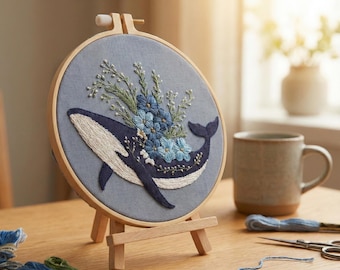 DIY Floral Whale Embroidery Kit | Ocean Wall Art, Marine Animal Home Decor