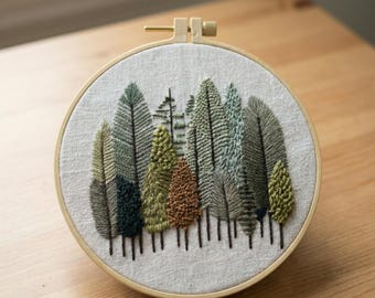Kit de bordado DIY de árboles forestales / Juego de bordado a mano para principiantes / Arte mural natural