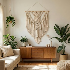 May include: A cream-coloured macrame wall hanging dominates the scene, complemented by a wooden sideboard and potted plants. A beige sofa with cushions and a woven ottoman add to the room's inviting atmosphere. The decor is warm and neutral.