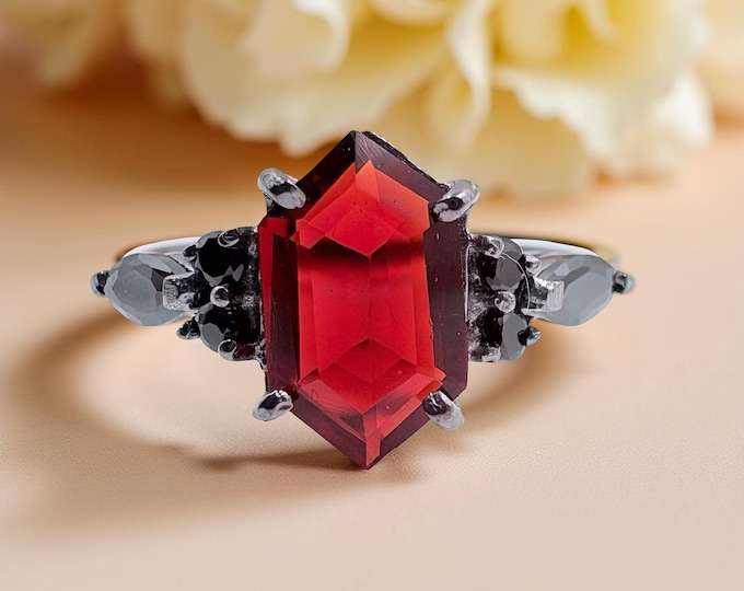 Gothic Kite Cut Garnet Ring with Black Spinel Accents