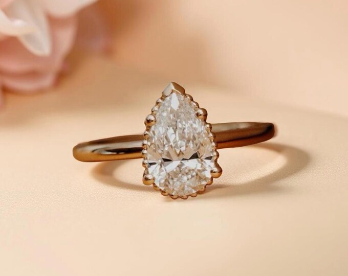Handmade Pear Cut Diamond Ring, Rose Gold Bezel Setting