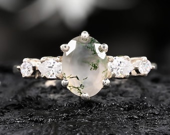 Oval Moss Agate Ring, Trio Accent, Sterling Silver Band