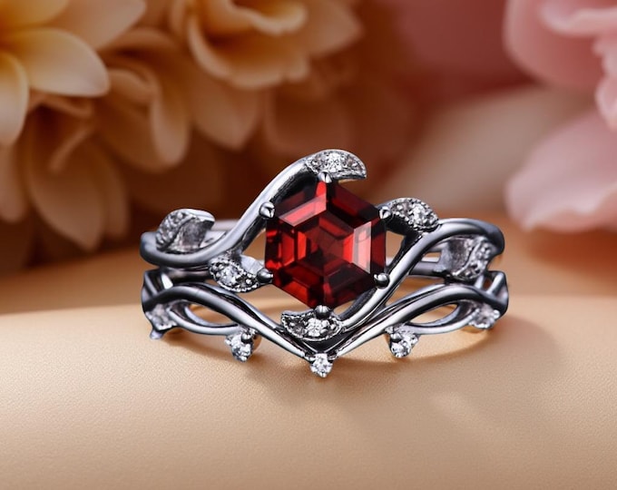 Square Cut Garnet Gothic Statement Ring Silver | Vintage Dark Romance Alternative Engagement Ring