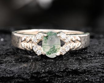 Oval Moss Agate and Accents Sterling Silver Vine Ring - The Elven Grove Band Nature-Inspired - Engagement