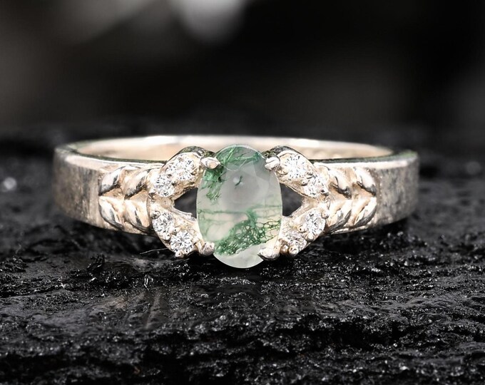 Oval Moss Agate and Accents Sterling Silver Vine Ring - The Elven Grove Band Nature-Inspired - Engagement