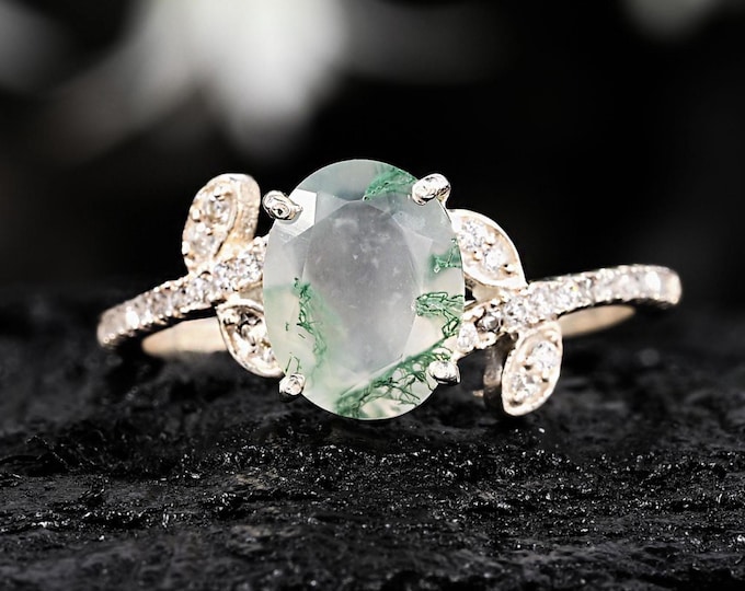 Moss Agate Leaf Ring, Sterling Silver Pavé Band, Boho Promise Ring