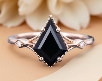 Kite Cut Black Onyx Look Ring, Rose Gold Sterling Silver, Gothic Engagement