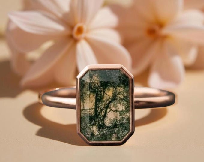 Emerald Cut Moss Agate Ring, Gold Plated Sterling Silver, Bezel Set