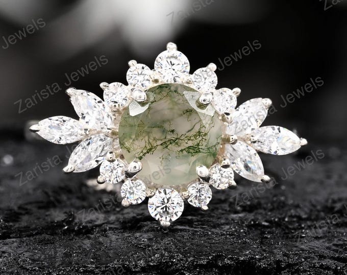 Moss Agate Sterling Silver Floral Ring, Simulated Diamond Halo