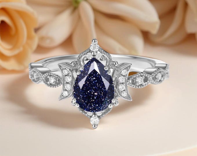 Pear Cut Blue Gemstone Ring | Vintage Sterling Silver, Diamond Accent