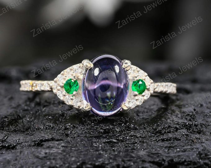 Amethyst Emerald Halo Ring – 925 Sterling Silver, February Birthstone