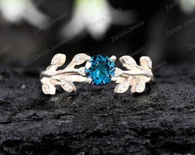 Teal Blue Solitaire Leaf Ring, Nature Inspired Vine Band, Round Cut Gemstone Sterling Silver