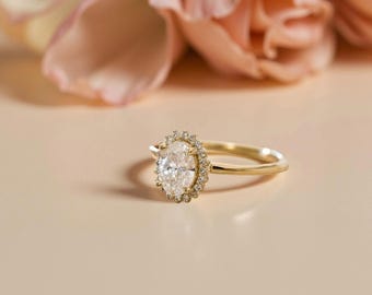 Oval Cut Halo 14K Gold Engagement Ring | Victorian Style Bridal Ring