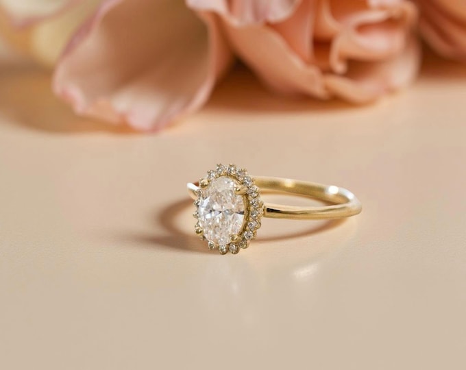 Oval Cut Halo 14K Gold Engagement Ring | Victorian Style Bridal Ring