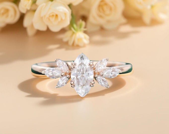 Marquise Cut Engagement Ring, Leaf Side Stones, Sterling Silver